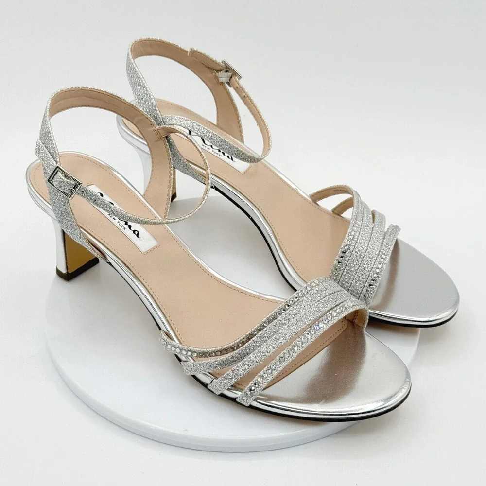 Nina Nelena Silver Glitter Size 9 Womens Strappy Kitten Heel Sandal NEW no box